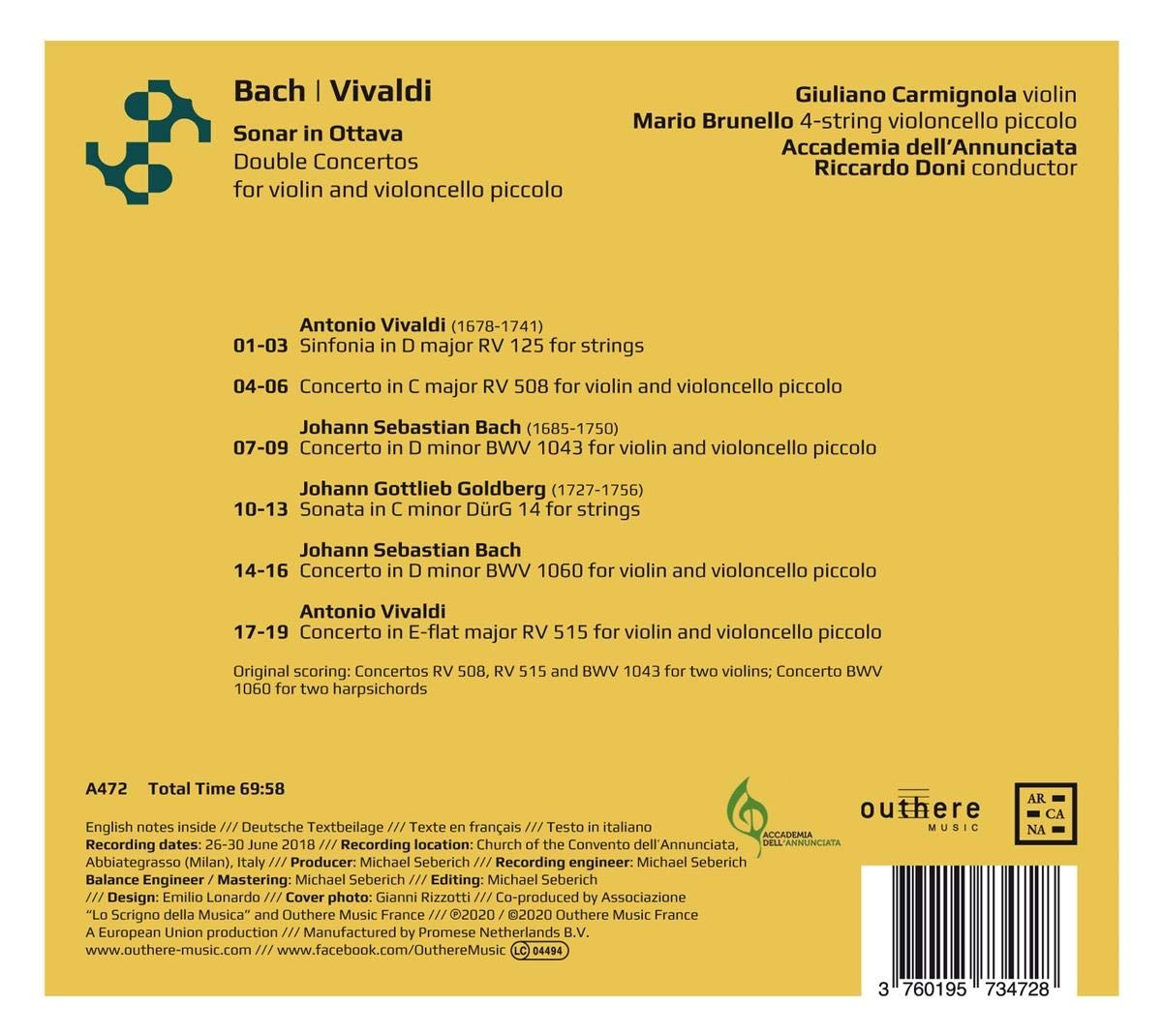 Giuliano Carmignola / Mario Brunello 바흐 / 비발디: 2대의 바이올린을 위한 협주곡 [바이올린과 피콜로 첼로 편곡반]