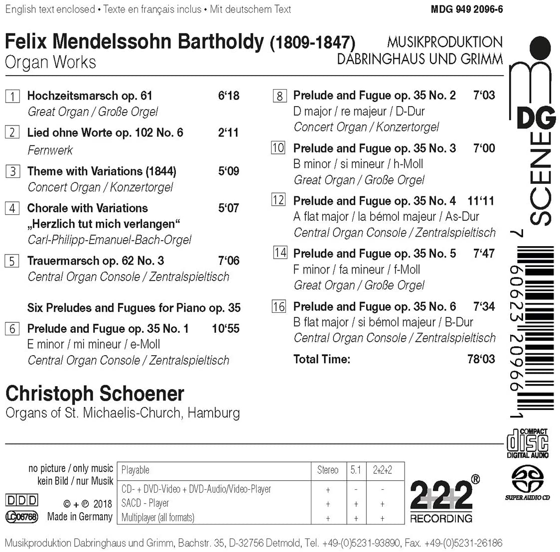 Christoph Schoener 멘델스존: 오르간곡집 - 여섯 전주곡과 푸가, 결혼 행진곡   (Mendelssohn: Organ Works) 