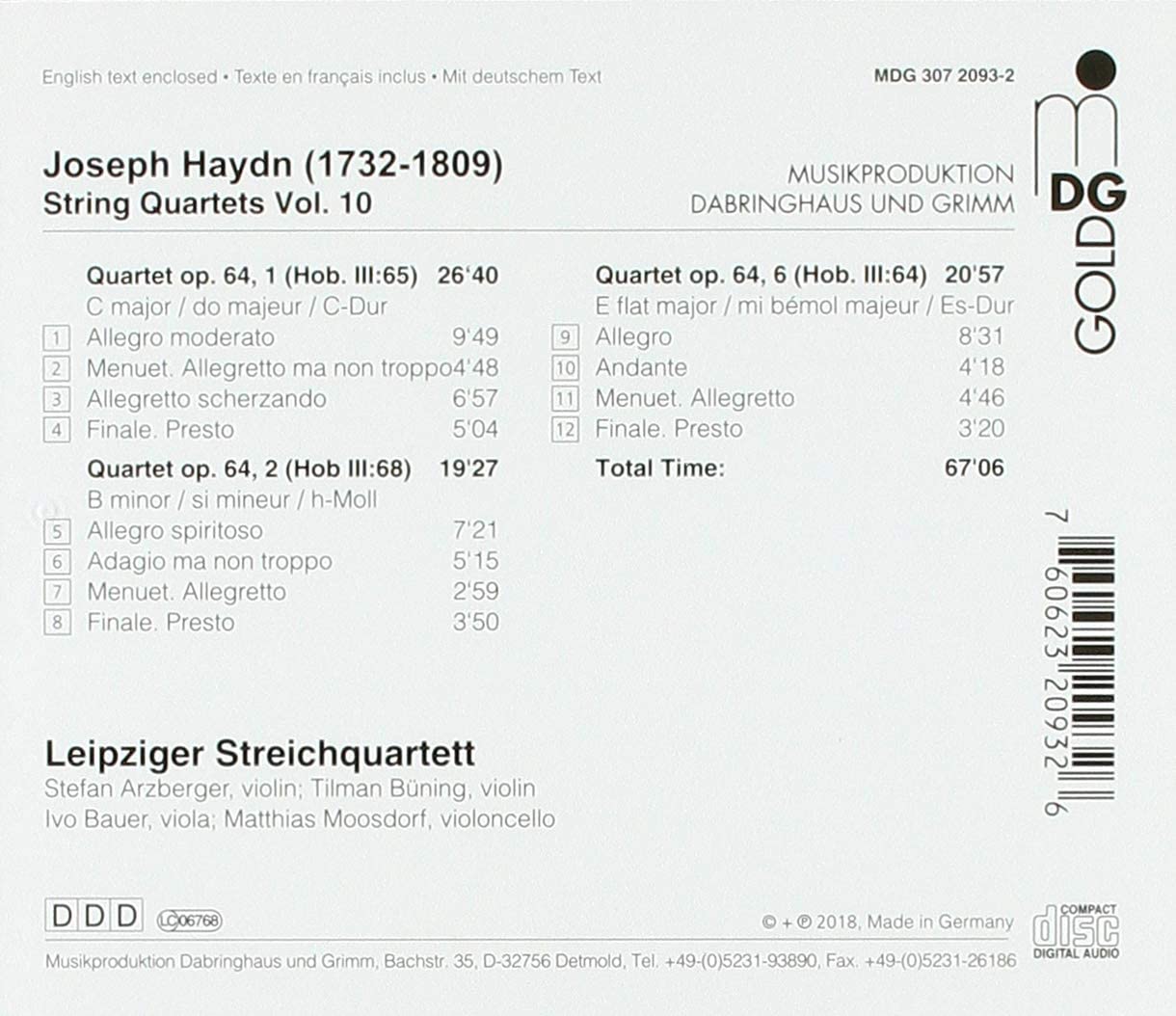 Leipzig String Quartet 하이든: 현악 사중주 10집 (Haydn: String Quartets Vol.10 - op.64 no.1, 2, 6) 