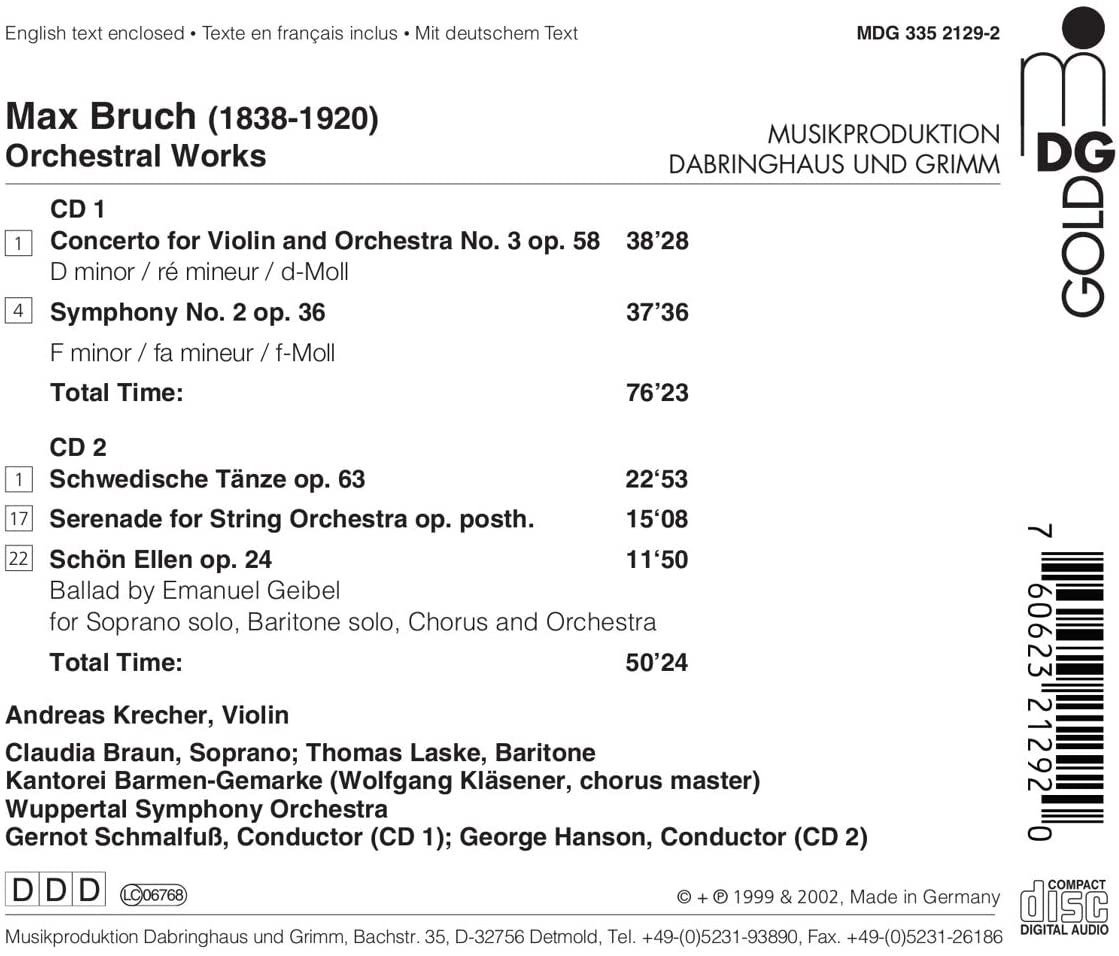 Andreas Krecher 브루흐: 교향곡 2번, 바이올린 협주곡 1번 외 (Bruch: Orchestral Works)