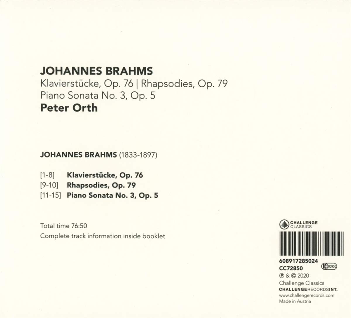 Peter Orth 브람스: 건반소품집, 랩소디, 피아노 소나타 3번 (Brahms: Piano Works, Rhapsodies, Piano Sonata Op.5)