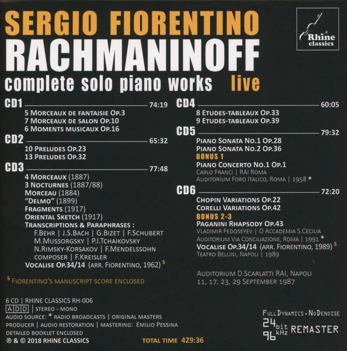 Sergio Fiorentino 세르지오 피오렌티노 - 라흐마니노프 독주 실황 모음집 (Rachmaninoff: Complete Solo Piano Works)