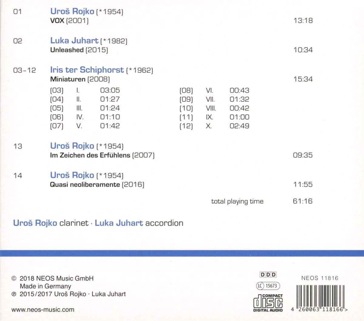 Uros Rojko 우로슈 로이코 & 루카 유하르트 : 클라리넷과 아코디언을 위한 작품집 (Rojko, Schiphorst & Juhart : Works for Clarinet & Accordion) 