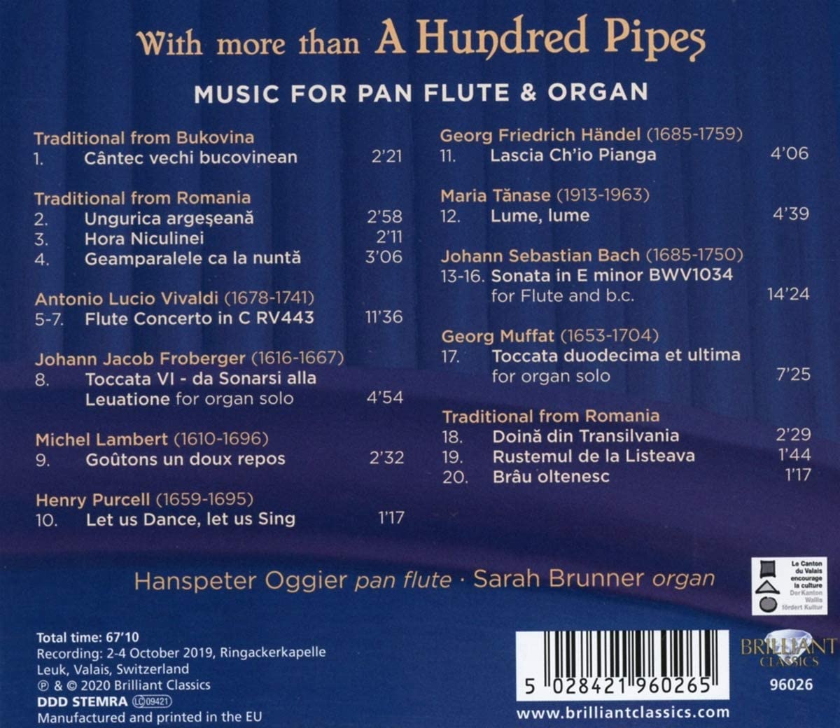 Hanspeter Oggier / Sarah Brunner 팬 플루트와 오르간 2중주 편곡 연주집 - 비발디 / 퍼셀 / 헨델 / 바흐 (Music for Pan Flute & Organ - 'With More Than A Hundred Pipes') 