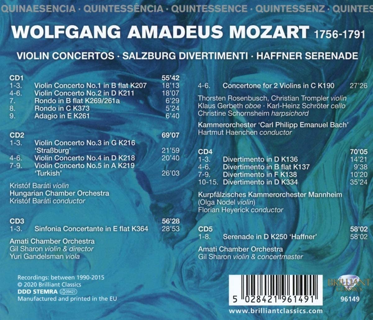 Kristof Barati 모차르트: 바이올린 협주곡, 신포니아 콘테르탄데 (Mozart: Violin Concertos, Salzburg Divertimenti, Haffner Serenade) 
