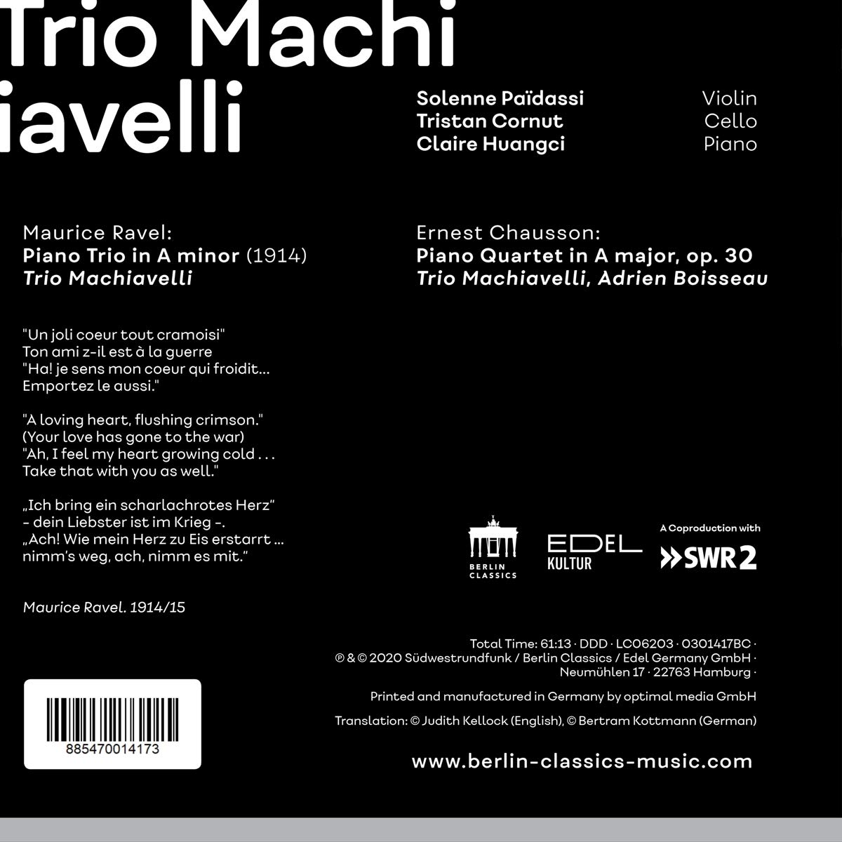 Trio Machiavelli 라벨: 피아노 3중주 / 쇼송: 피아노 4중주 (Ravel: Piano Trio / Chausson: Piano Quartet Op.30) 