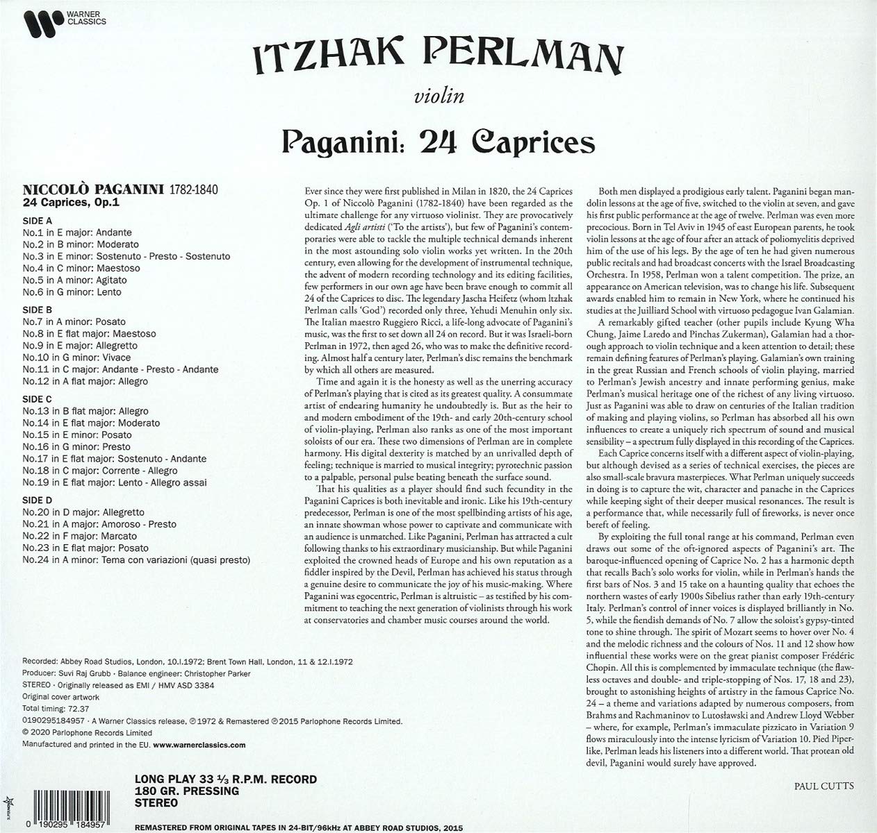 Itzhak Perlman 파가니니: 24개의 카프리스 - 이차크 펄만 (Paganini: 24 Caprices) [2LP]