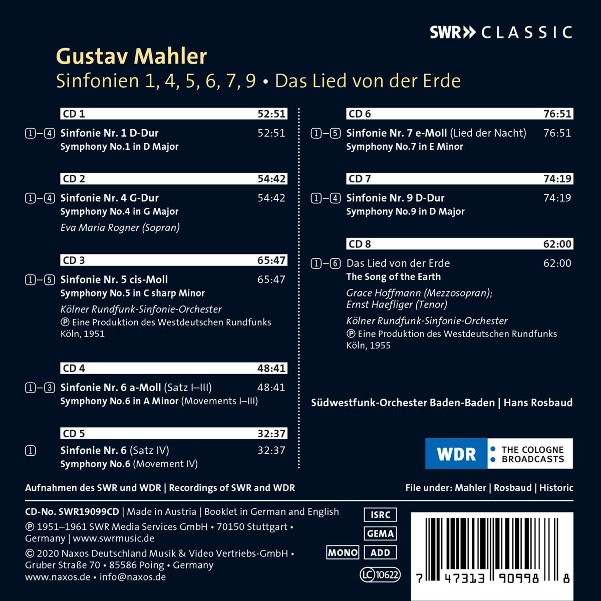 Hans Rosbaud 말러: 교향곡 1,4,5,6,7,9번, 대지의 노래 (Mahler: Symphonies) 