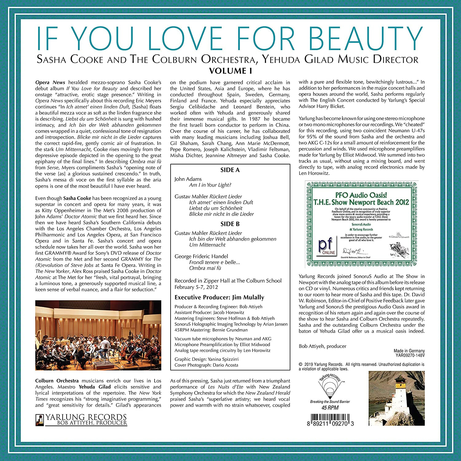 Sasha Cooke 사샤 쿡 소프라노 가곡 작품집 (If You Love For Beauty Vol. 1 - John Adams / Handel / Mahler) [LP] 