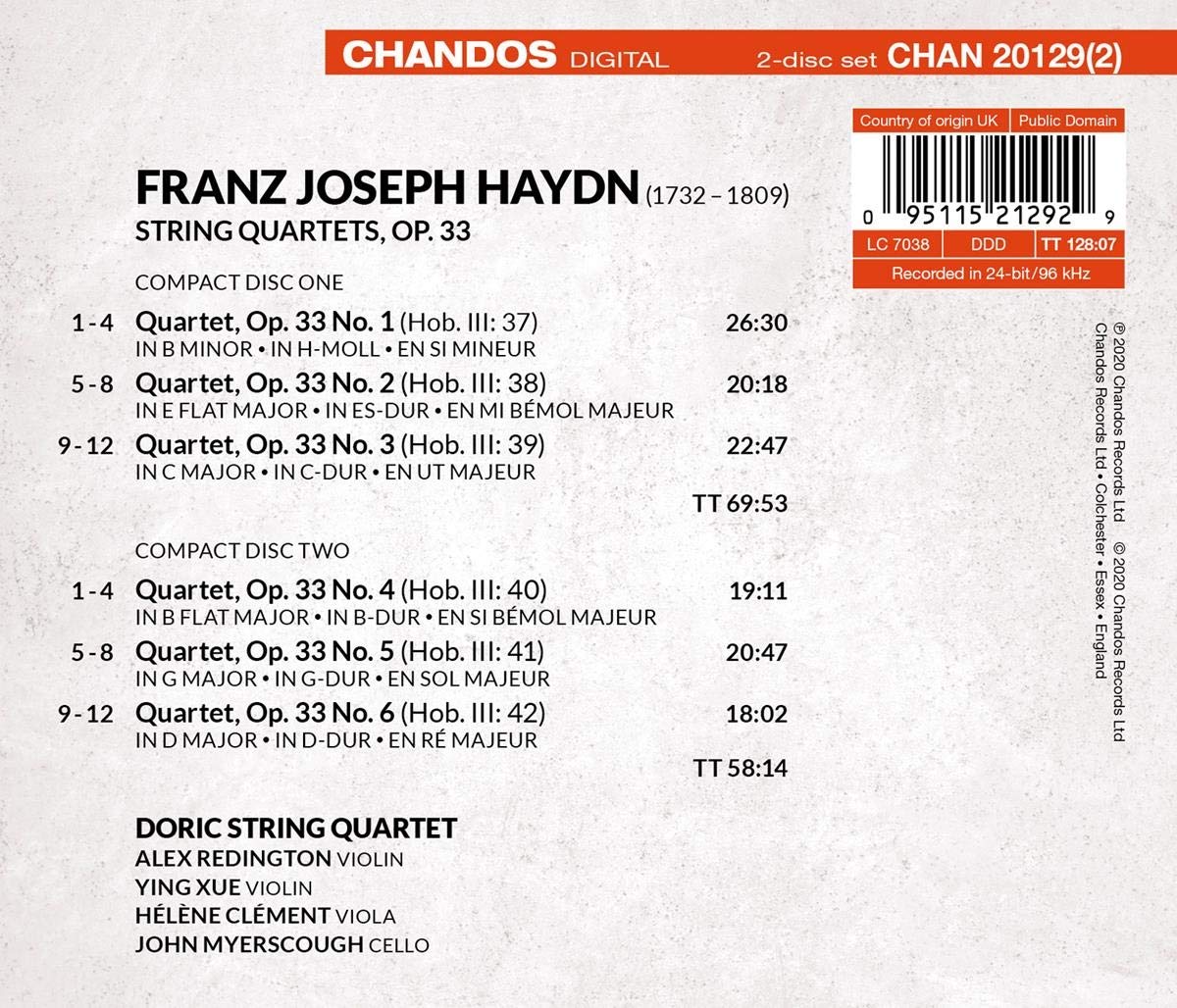 Doric String Quartet 하이든: 러시아 4중주 (Haydn: String Quartets, Op. 33) 