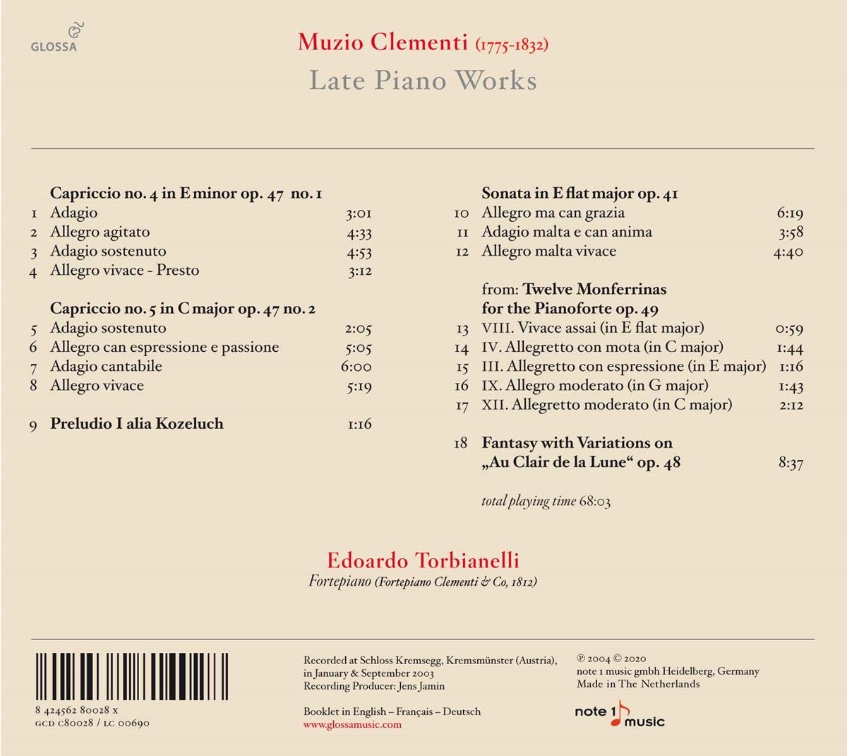 Edoardo Torbianelli 클레멘티: 후기 피아노 작품집 (Muzio Clementi: Late Piano Works) 