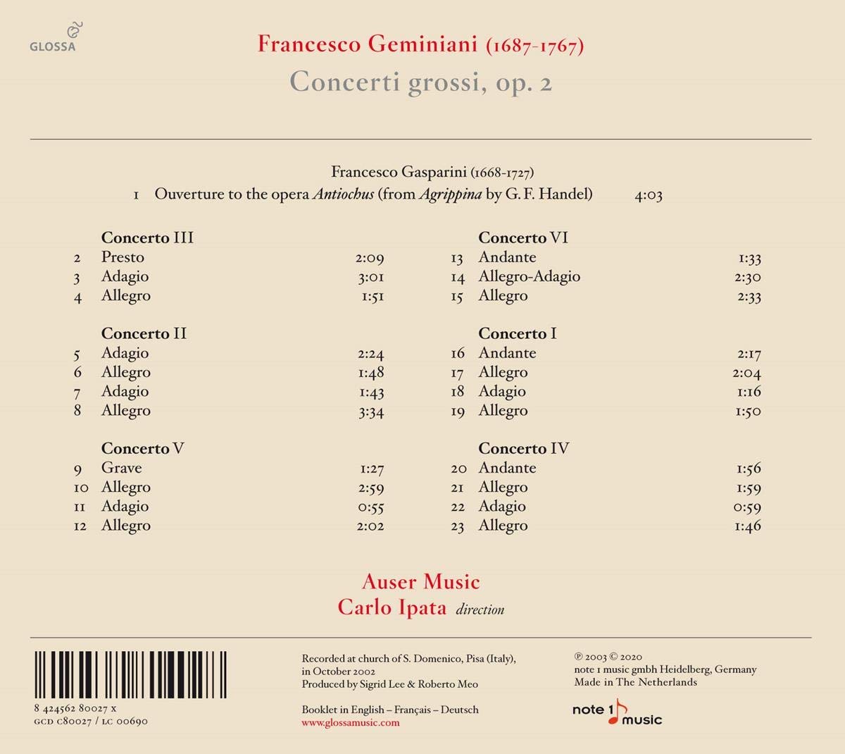 Auser Musici 제미니아니: 합주 협주곡집 [콘체르토 그로소] (Geminiani: Concerti Grossi Op.2)