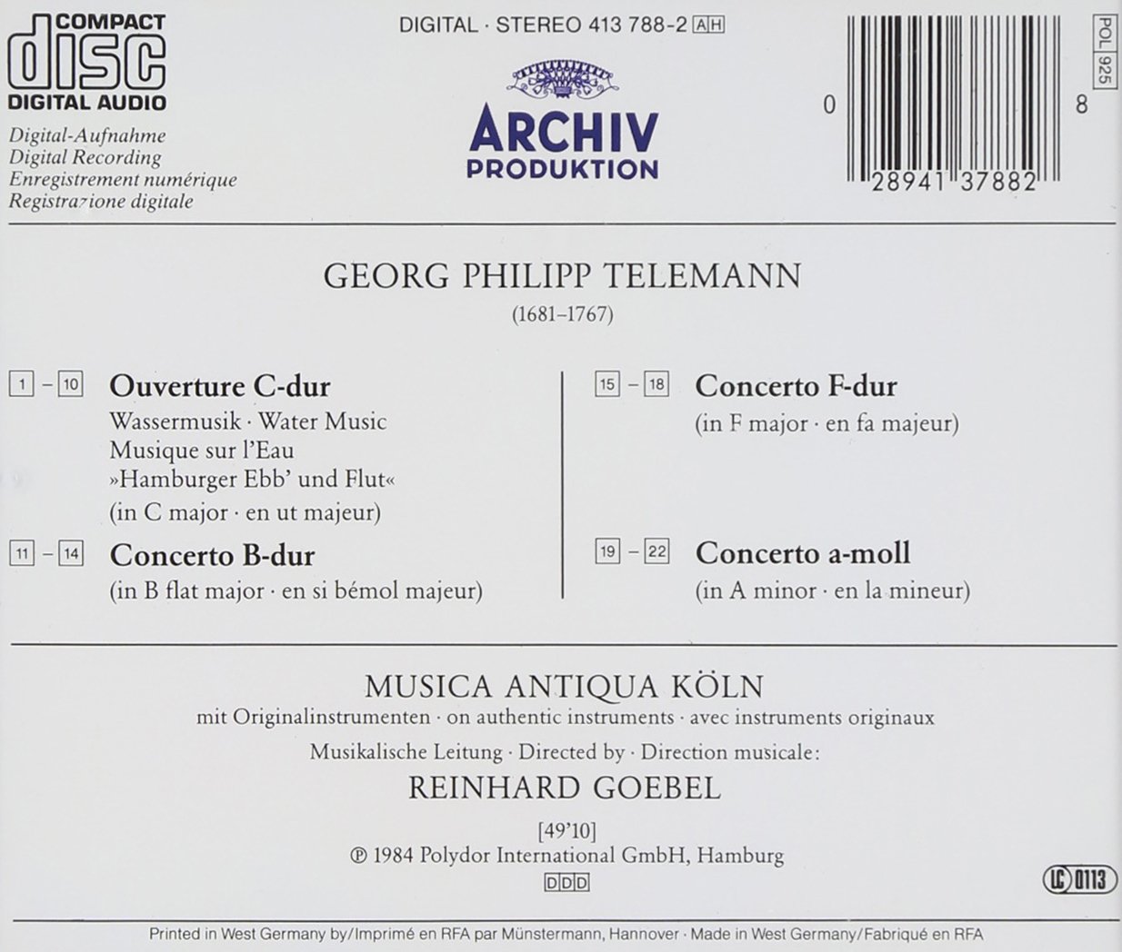 Reinhard Goebel 텔레만: 수상음악, 협주곡 (Telemann : Watermusic, 3 Concertos) 