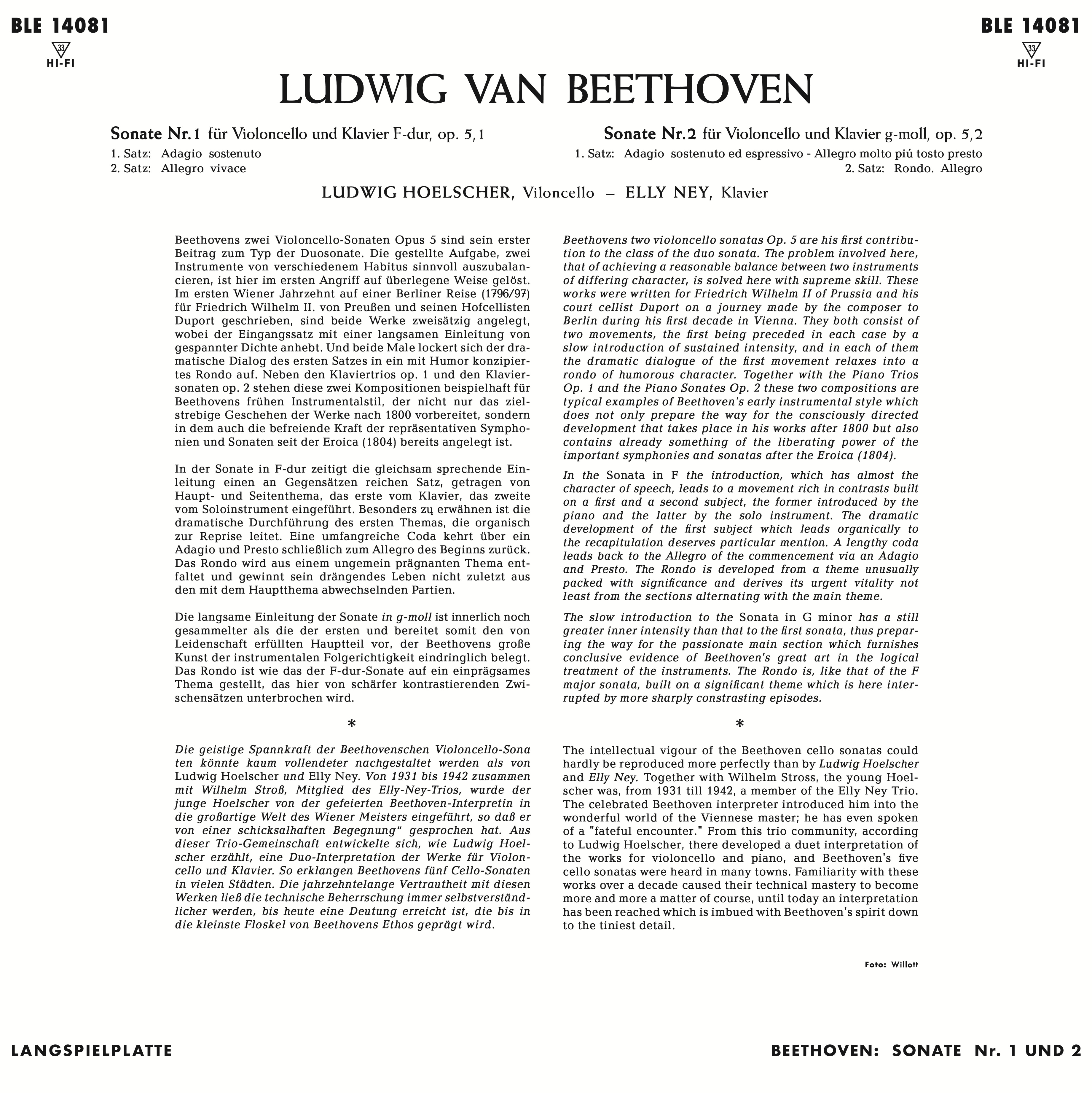 Ludwig Hoelscher / Elly Ney 베토벤: 첼로를 위한 작품 1집 - 루드비히 휄셔 / 엘리 나이 [LP] 
