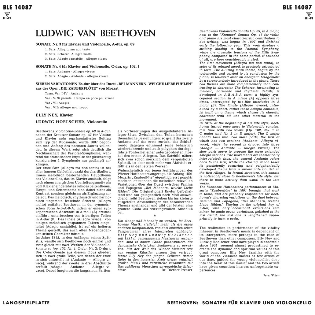Ludwig Hoelscher / Elly Ney 베토벤: 첼로를 위한 작품 2집 - 루드비히 휄셔 / 엘리 나이 [LP] 
