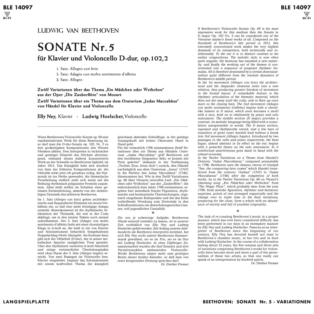 Ludwig Hoelscher / Elly Ney 베토벤: 첼로를 위한 작품 3집 - 루드비히 휄셔 / 엘리 나이 [LP] 