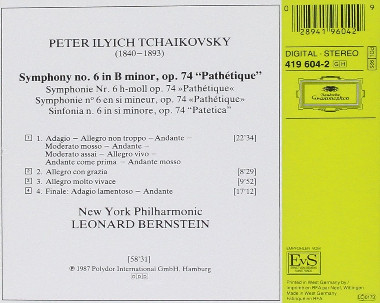 Leonard Bernstein 차이코프스키: 교향곡 6번 "비창" (Tchaikovsky : Symphony No. 6 "Pathetique") 