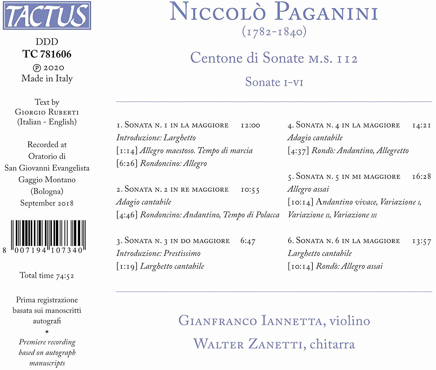 Gianfranco Iannetta 파가니니: 바이올린과 기타를 위해 쓴 작품집 (Paganini: Centone di sonate I - VI) 