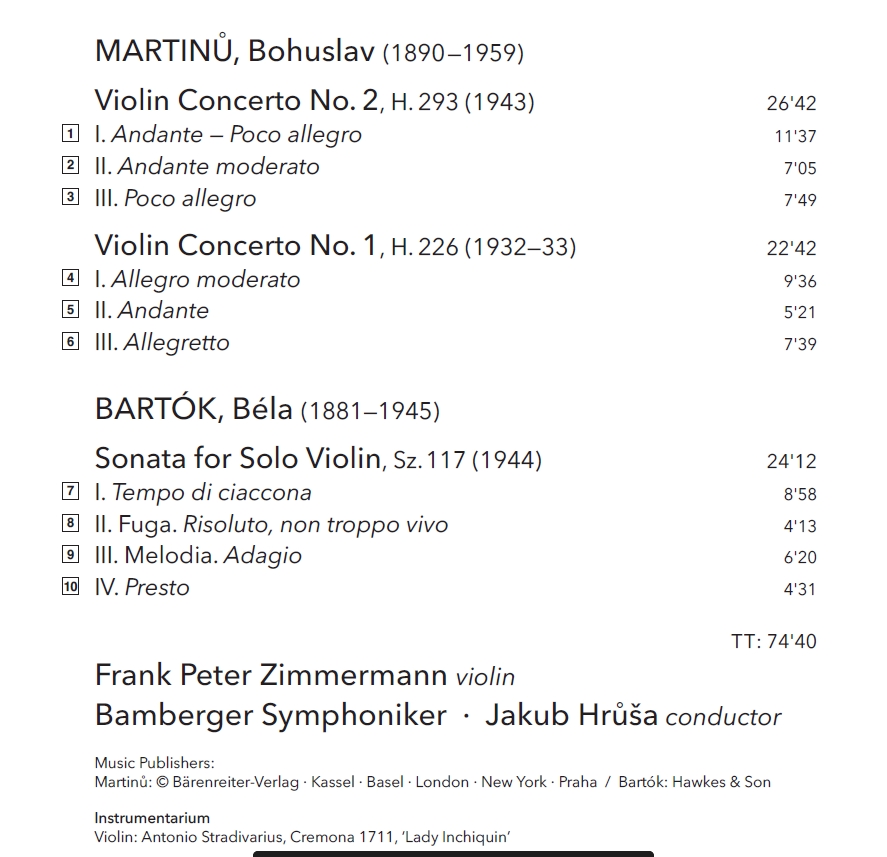 Frank Peter Zimmermann 마르티누: 바이올린 협주곡 1, 2번 / 바르토크: 무반주 바이올린 소나타 - 프랑크 페터 침머만