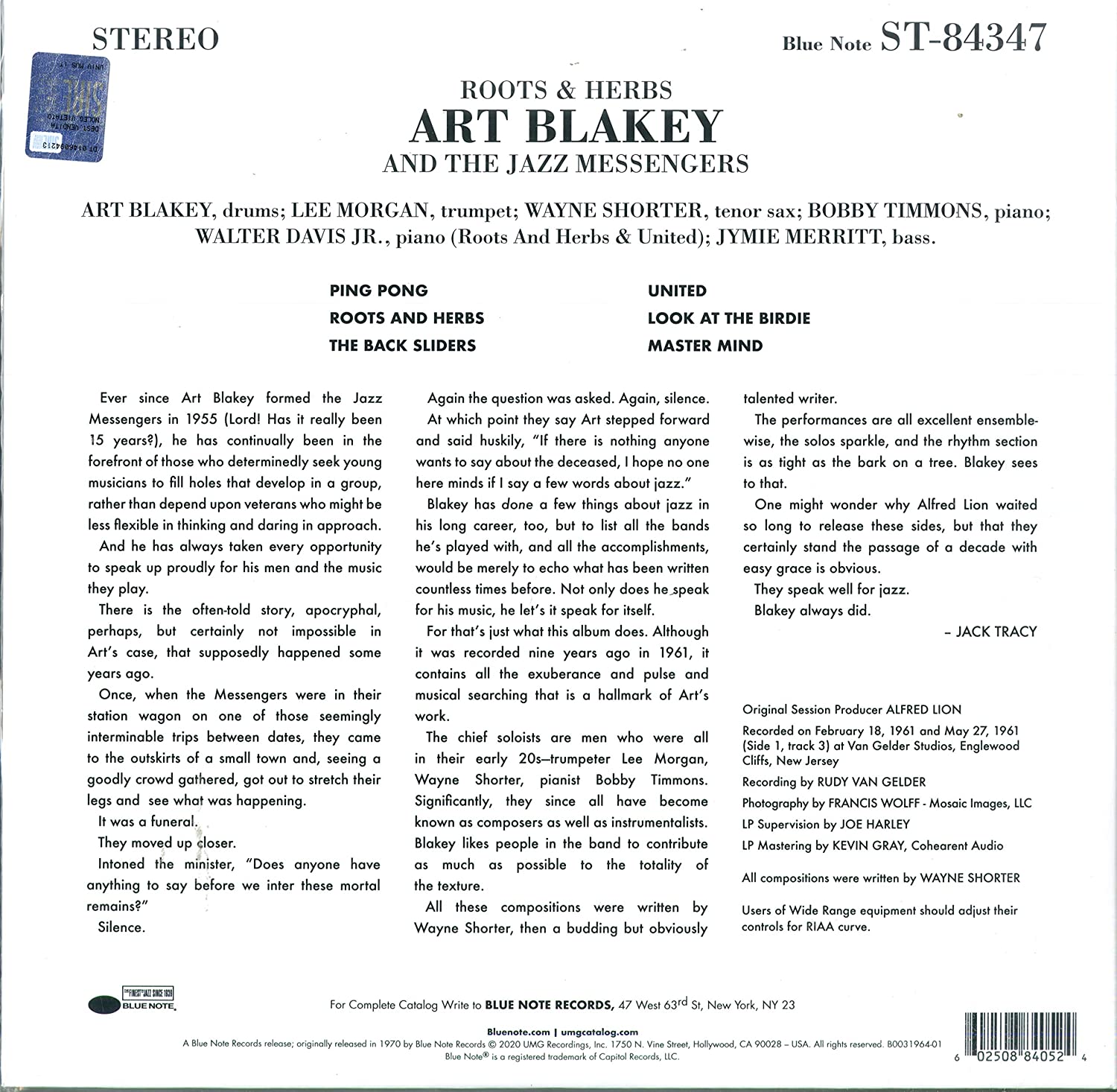Art Blakey & The Jazz Messengers (아트 블래키 & 재즈 메신저스) - Roots And Herbs [LP] 