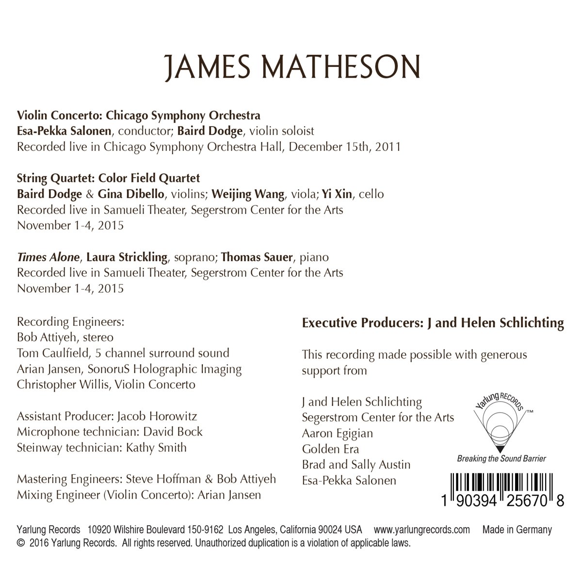 Baird Dodge 제임스 메디슨: 현악 4중주, 바이올린 협주곡, 가곡 ‘혼자만의 시간’ (James Matheson: String Quartet, Violin Concerto, Times Alone) 