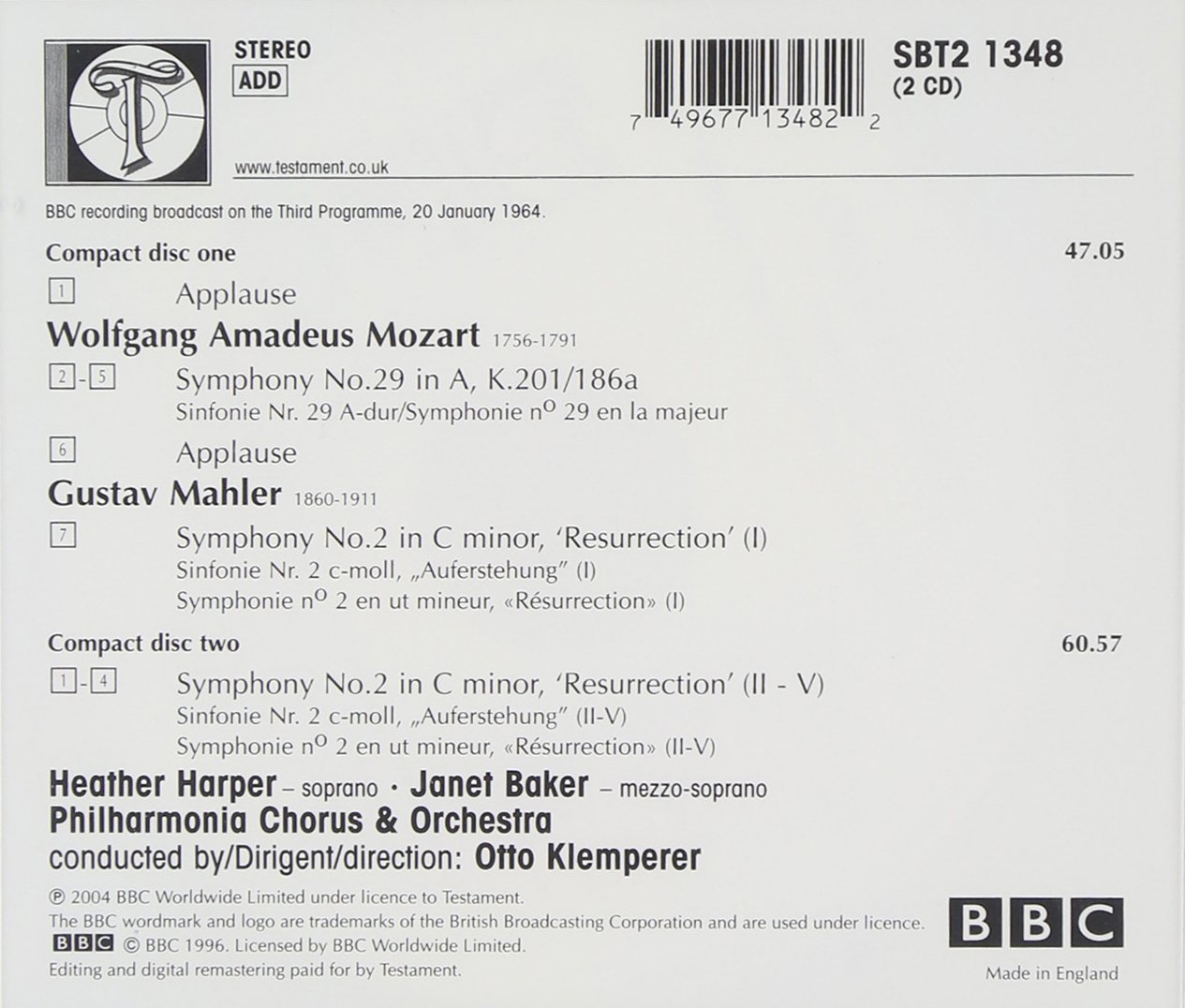 Otto Klemperer 모차르트: 교향곡 29번 / 말러: 교향곡 2번 (Mozart : Symphony No.29 K.201/186a, Mahler : Symphony No.2 "Resurrection") 