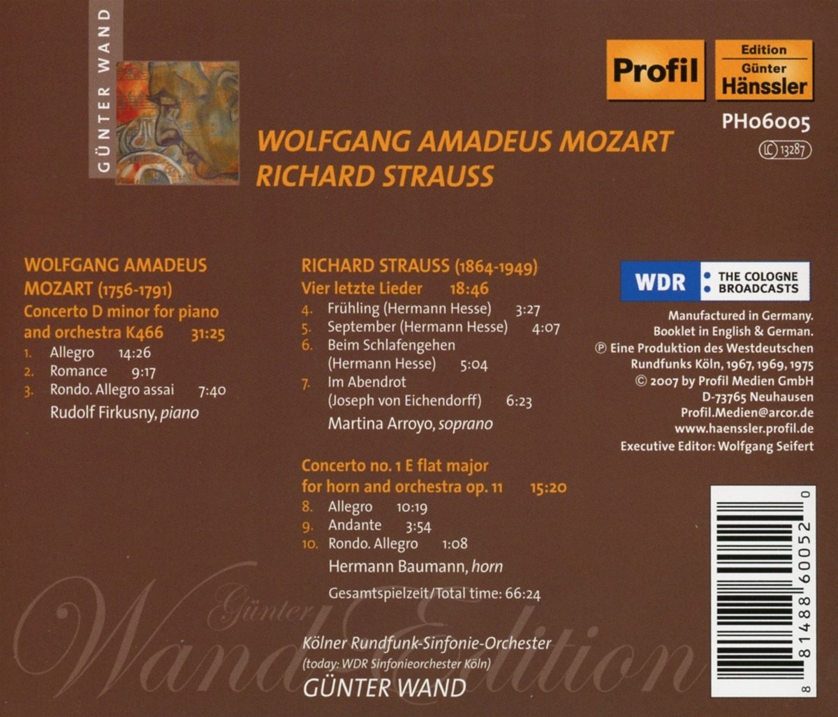Gunter Wand 모차르트: 피아노 협주곡 / R.슈트라우스: 네개의 마지막 노래 (Mozart : Piano Concerto K.466 / R. Strauss : 4 Last Songs, Horn Concerto No.1) 