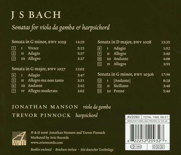 Jonathan Manson 바흐: 비올라 다 감바와 하프시코드를 위한 소나타 (Bach : Sonatas For Viola Da Gamba And Harpsichord) 