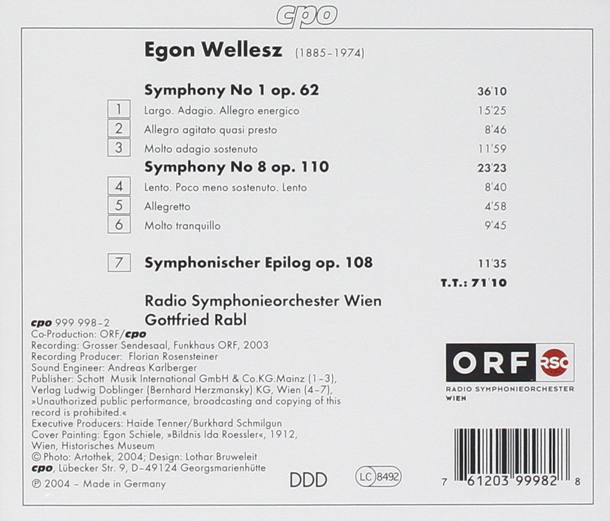 Gottfried Rabl 발레즈: 교향곡 1, 8번 (Egon Wellesz: Symphonies Op.62, Op.110 ...