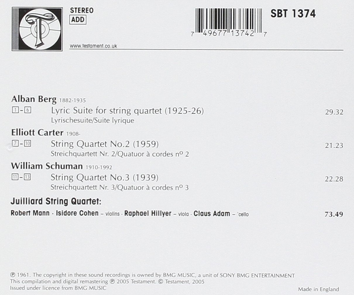 Juilliard String Quartet 베르그 / 카터 / 윌리엄 슈만: 현악 사중주 (Berg / Carter / Schuman: String Quartet) 