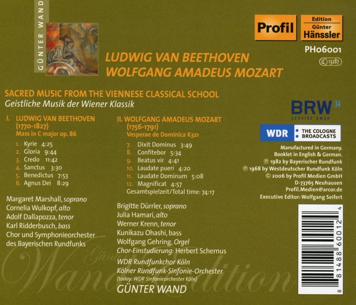 Gunter Wand 베토벤: 미사 / 모차르트: 주일을 위한 저녁예배 (Beethoven : Mass In C Major Op.86 / Mozart : Vesperae De Dominica K.321) 