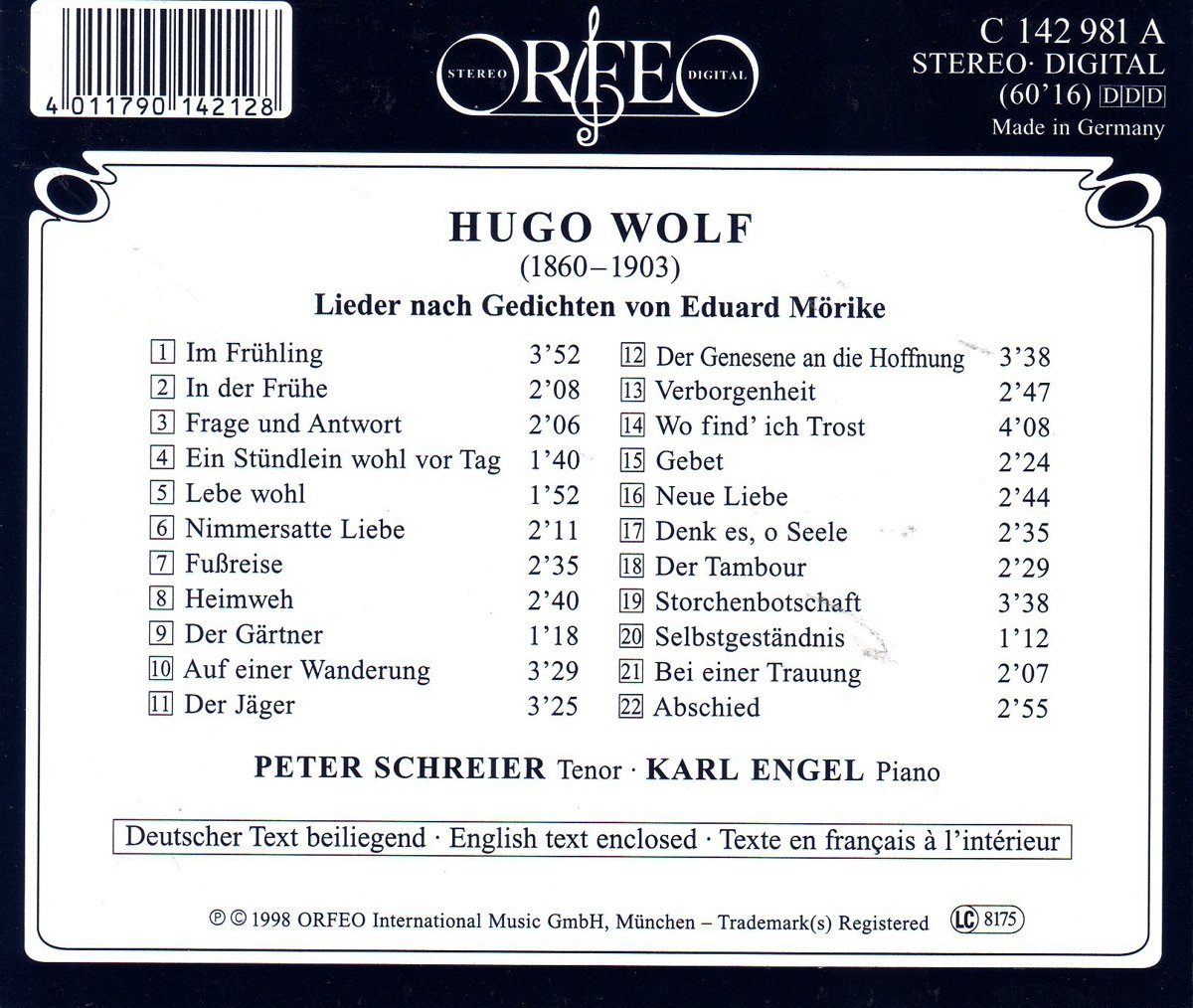 Karl Engel 볼프: 뫼리케 가곡 (Wolf : Morike Lieder) 