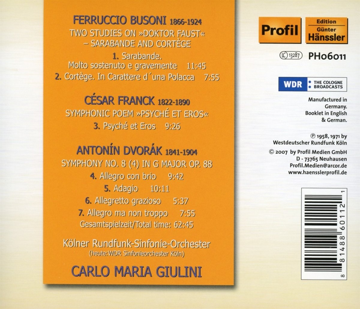 Carlo Maria Guilini 부조니: 사라방드와 코르테주 / 프랑크: 교향시 '프시케와 에오스' / 드보르작: 교향곡 8번 (Busoni : Sarabande Und Cortege, Op. 51)