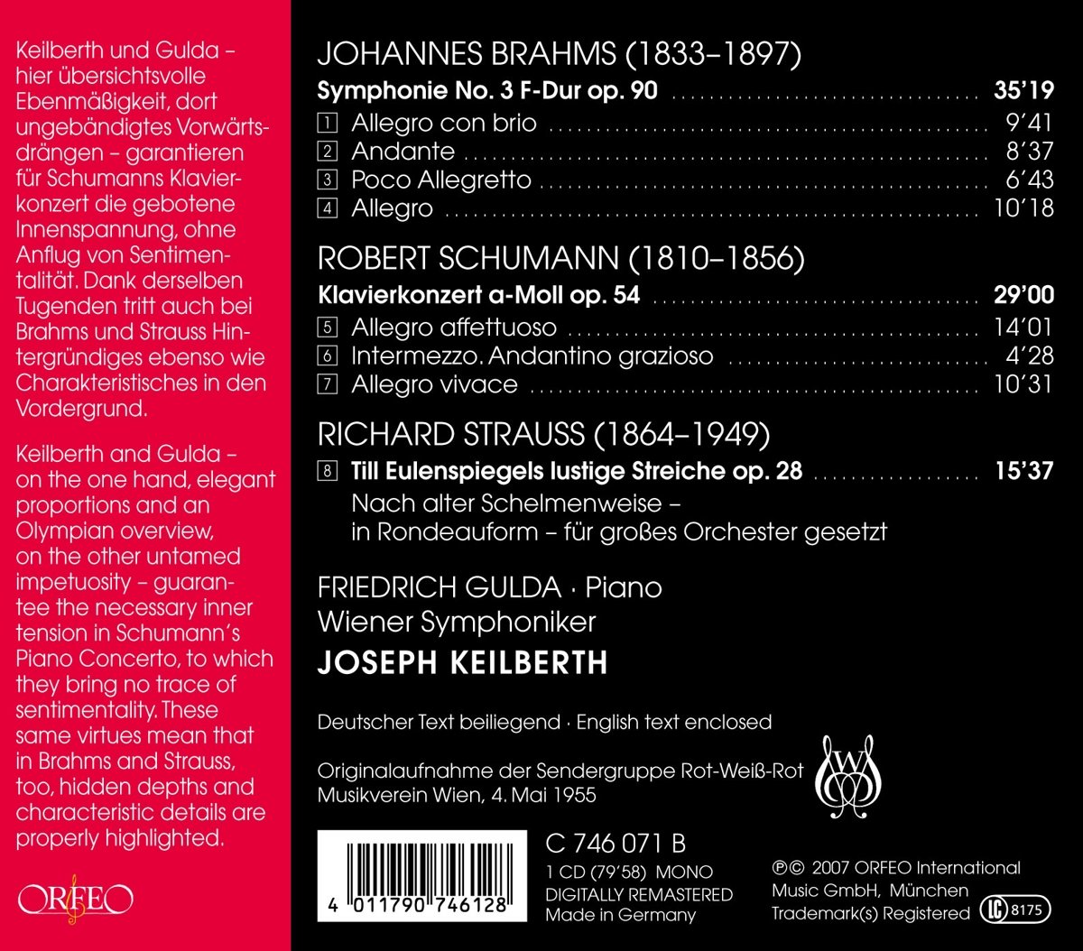 Joseph Keilberth 브람스: 교향곡 3번 / 슈만: 피아노 협주곡 / 슈트라우스: 틸 오일렌슈피겔의 유쾌한 장난 (Brahms: Symphony No.3) 