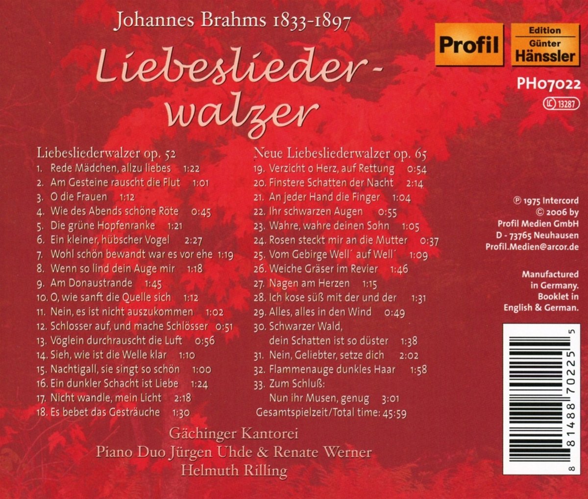 Helmuth Rilling 브람스: 사랑의 노래 왈츠 (Brahms : Liebeslieder Waltzes Op.52, Neue Liebeslieder Waltzes Op.65) 