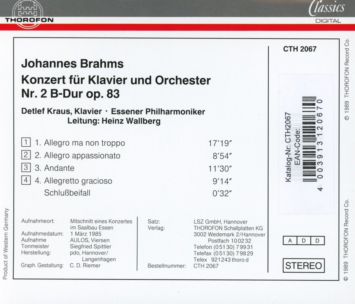 Detlef Kraus 브람스: 피아노 협주곡 2번 (Brahms: Piano Concerto No.2, Op.83) 