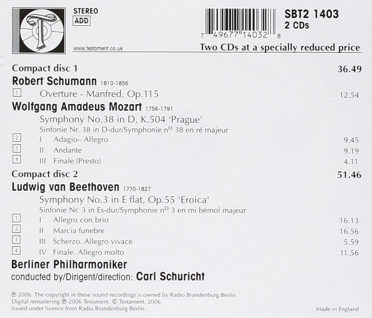 Carl Schuricht 슈만: 서곡 / 모차르트 / 베토벤: 교향곡 (Schumann: Overture Op.115 / Mozart: Symphony K.504 / Beethoven: Symphony Op.55 'Eroica') 