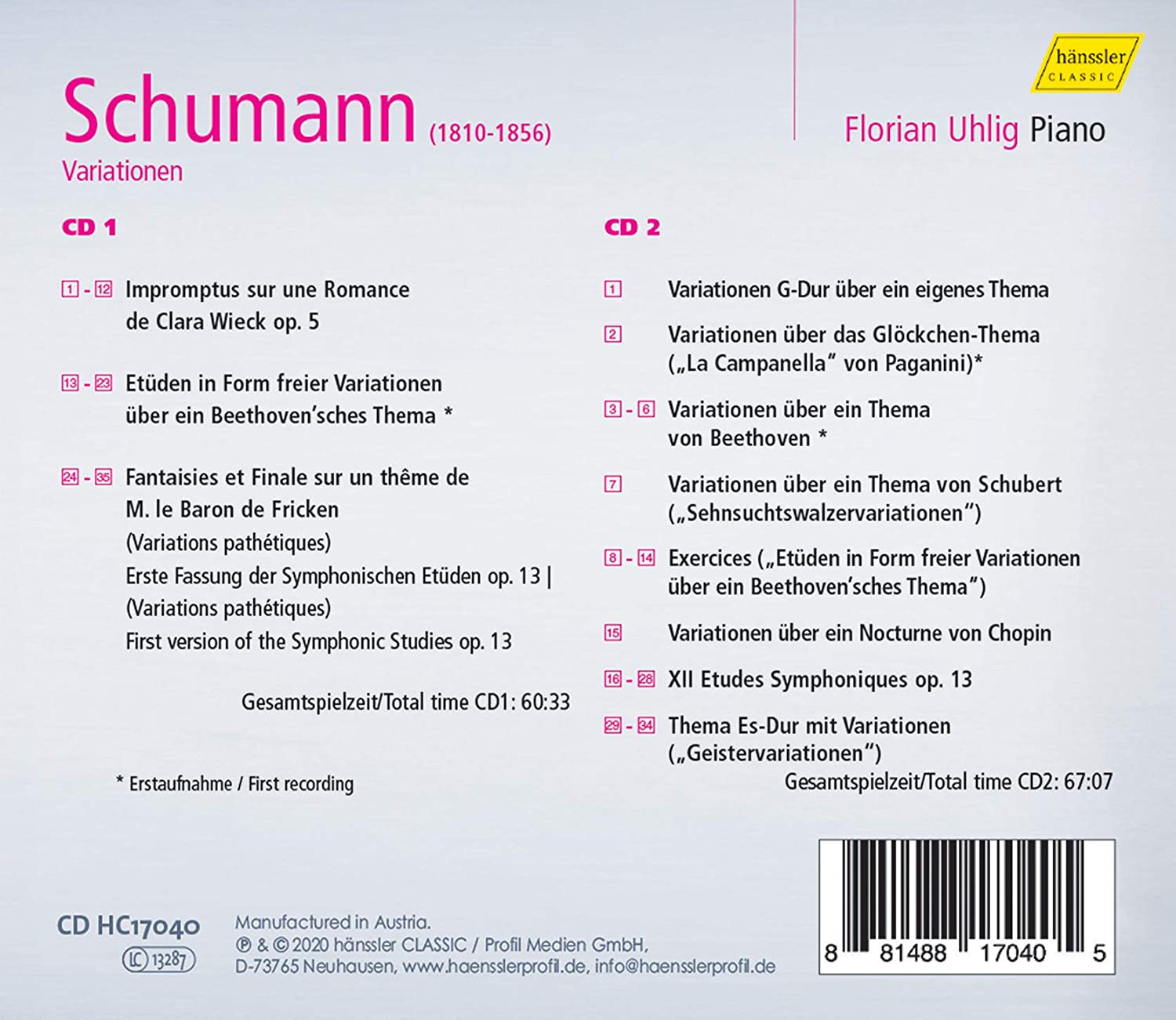 Florian Uhlig 슈만: 피아노 작품 전곡 14집  - 베토벤 주제에 의한 변주곡, 교향적 연습곡, 유령 변주곡 외