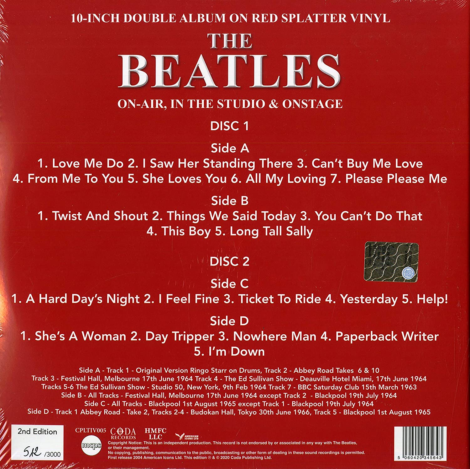 The Beatles (비틀즈) - The Red Album Years 1962-1966 [10인치 레드 스플래터 컬러 2LP] 