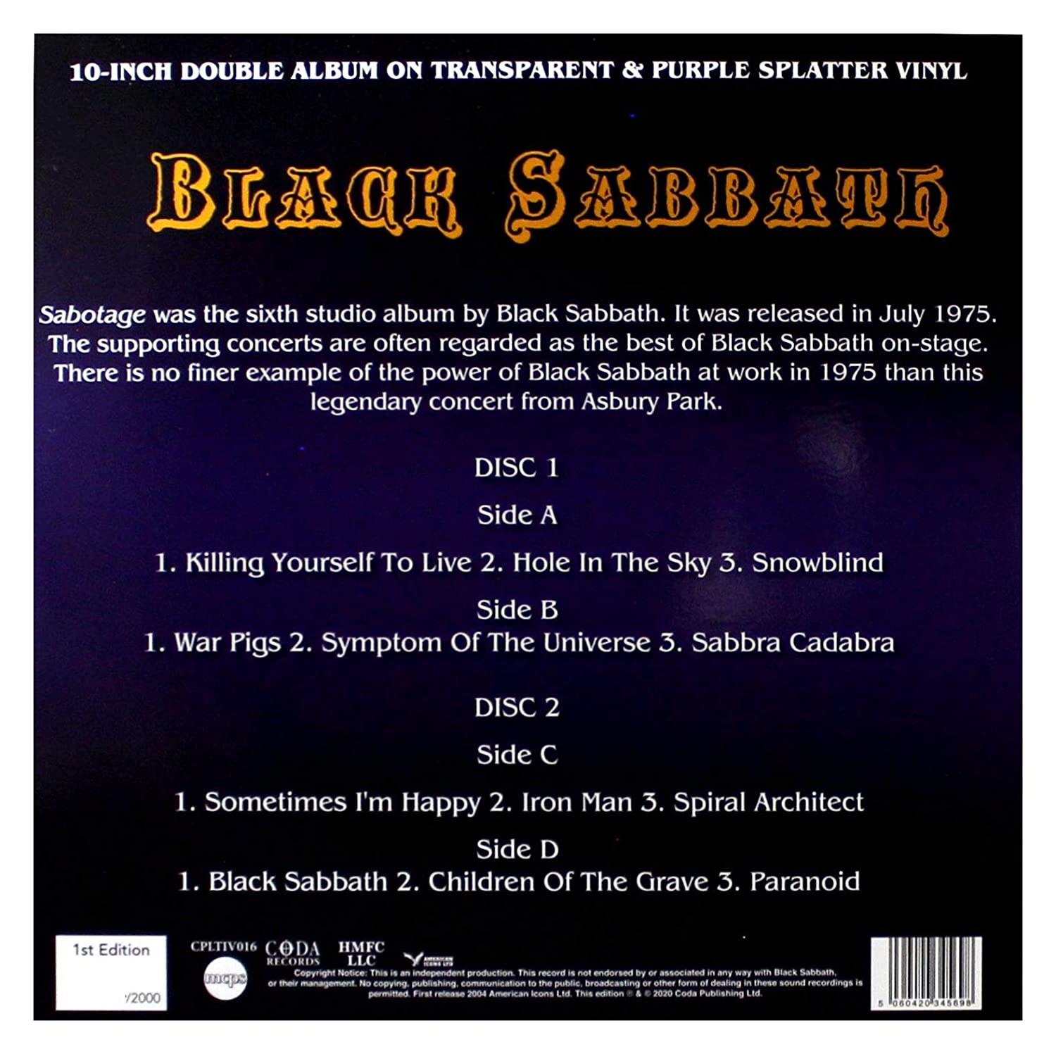 Black Sabbath (블랙 사바스) - Sabotage In Concert [10인치 투명 퍼플 스플래터 컬러 2 Vinyl]