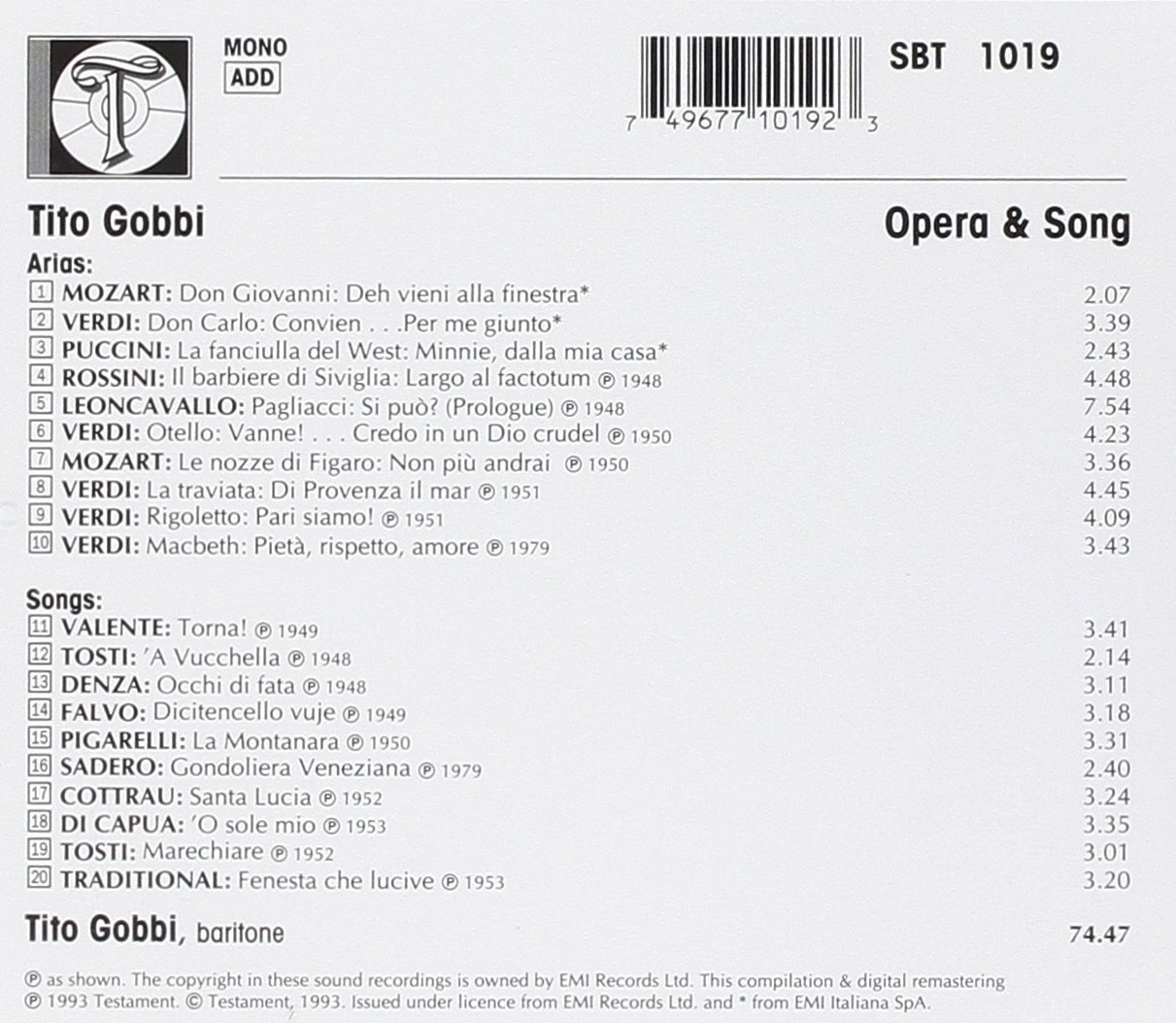 티토 고비가 부르는 오페라와 가곡집 (Tito Gobbi : Opera and Songs) 