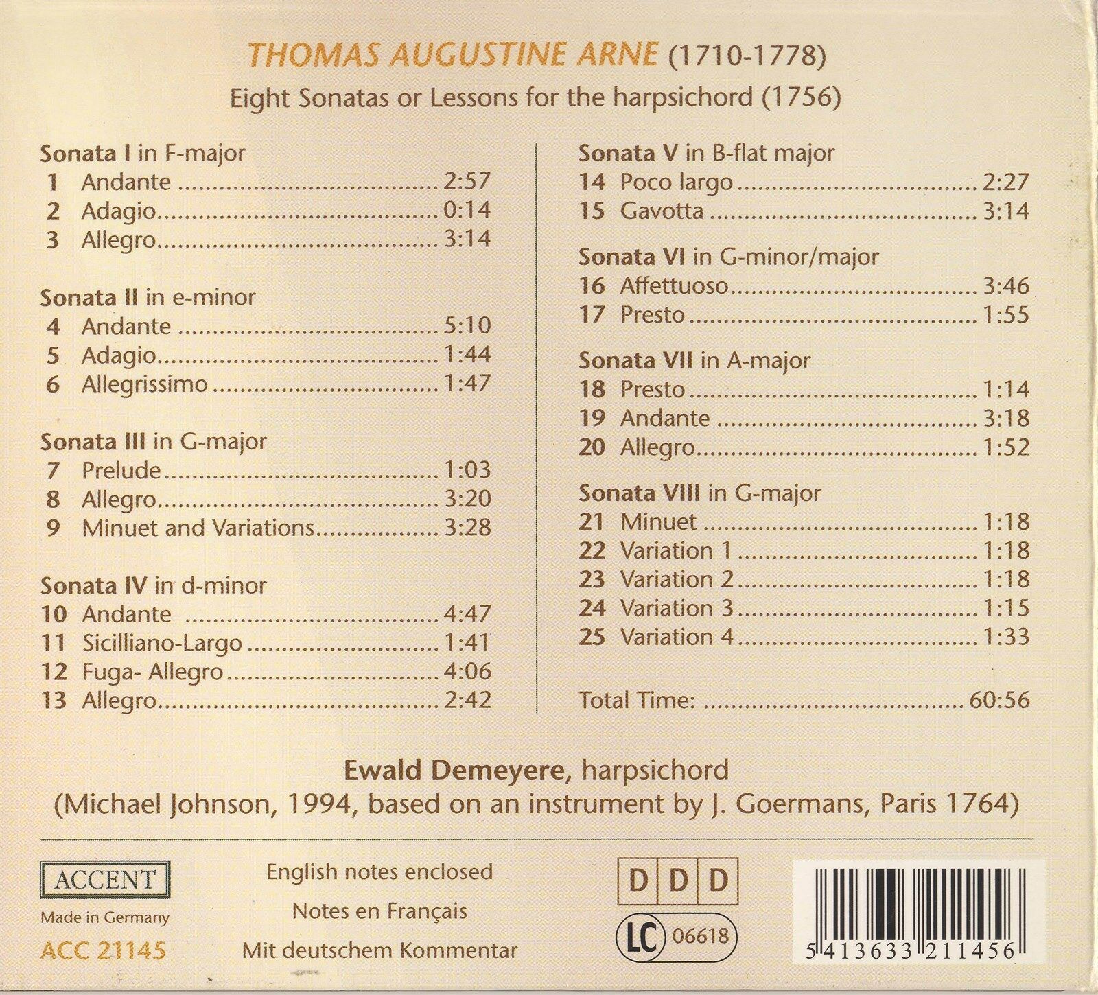 Ewald Demeyere 토마스 어거스티안 안: 하프시코드를 위한 8개의 소나타 (Thomas Augustine Arne : 8 Sonatas For Harpsichord) 