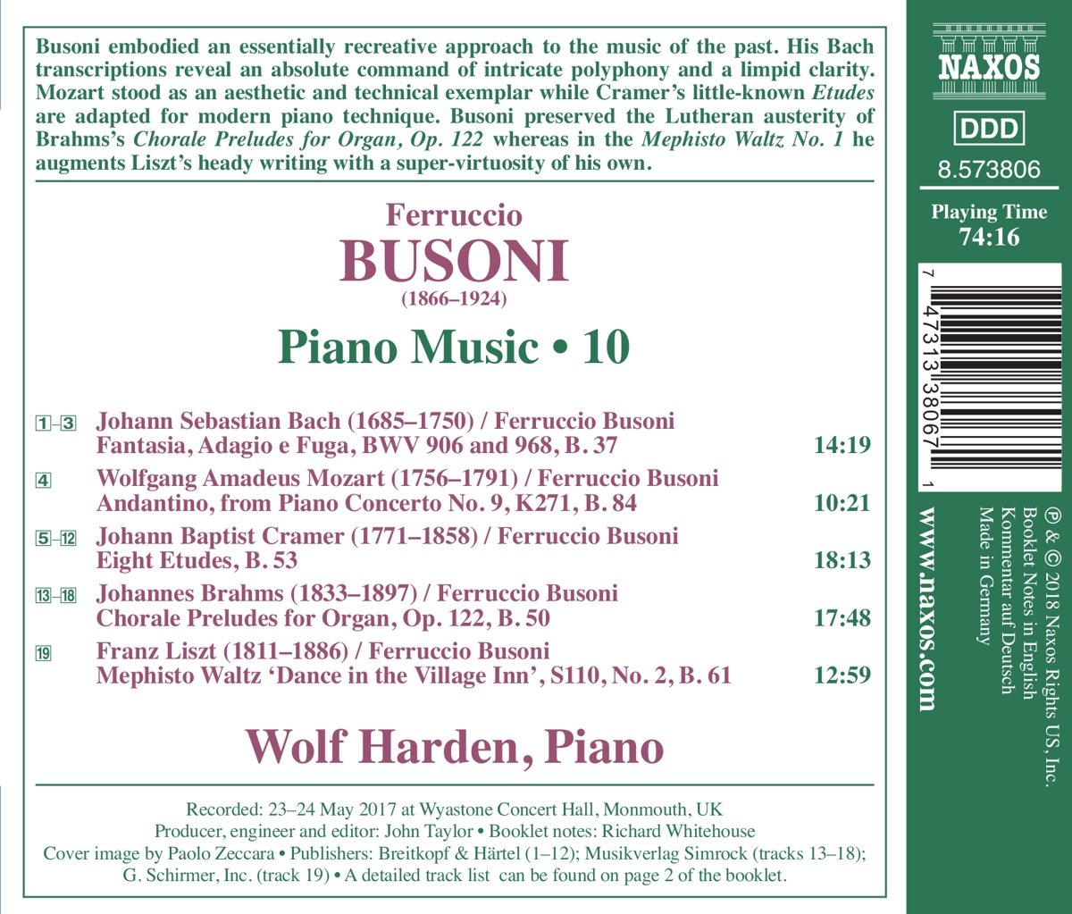 Wolf Harden 부조니: 피아노 작품 10집 (Busoni: Works for Piano Vol. 10) 