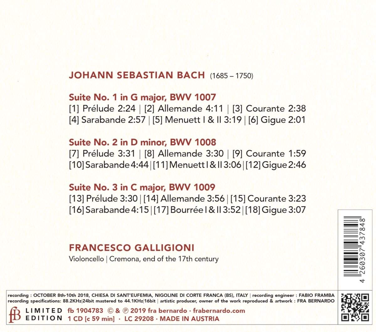 Francesco Galligioni 바흐: 무반주 첼로 모음곡 1-3번 (J.S.Bach: Cello Suite Nos. 1-3 BWV1007-1009) 
