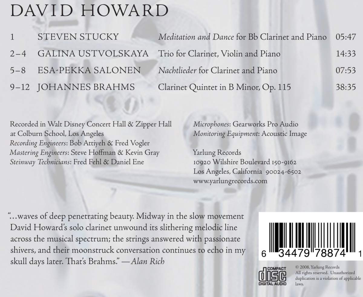 David Howard 브람스: 클라리넷 오중주 / 살로넨: 밤의 노래 (Brahms: Clarinet Quintet Op.115 / Salonen: Nachtlieder) 