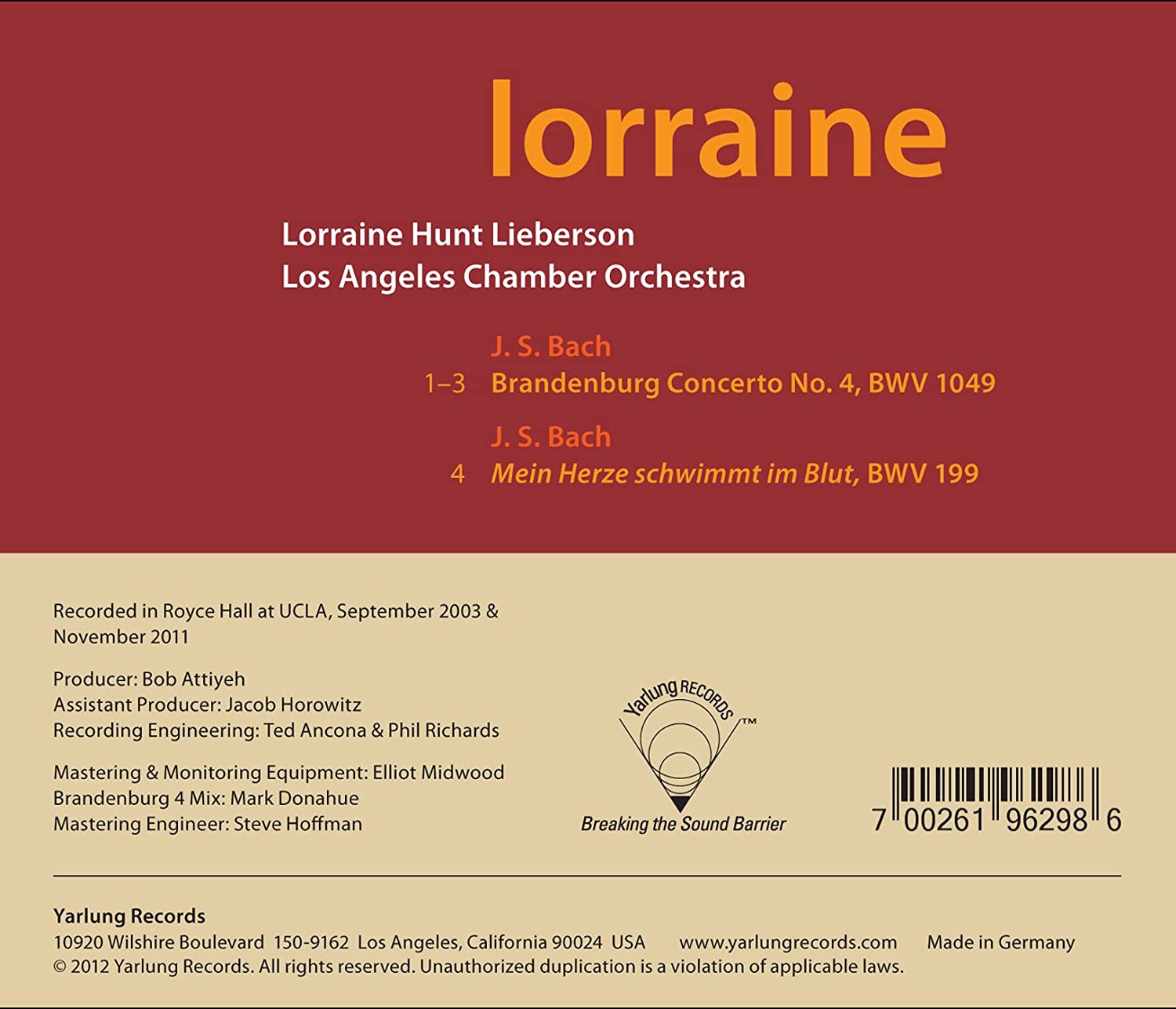 Lorraine Hunt Lieberson 바흐: 브란덴부르크 협주곡 4번, 칸타타 ‘내 마음은 핏속에서 헤맵니다’ (J.S.Bach: Brandenburg Concerto BWV1049, Cantata BWV199) 