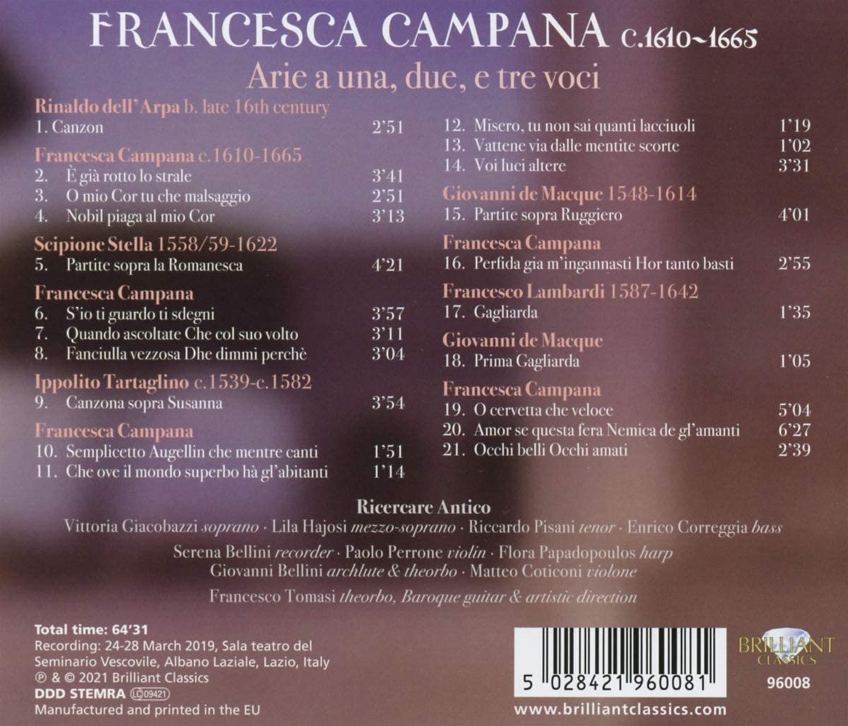 Ricercare Antico 프란체스카 캄파나: 1-3성 아리아 모음 (Francesca Campana: Arie A Una, Due E Tre Voci) 