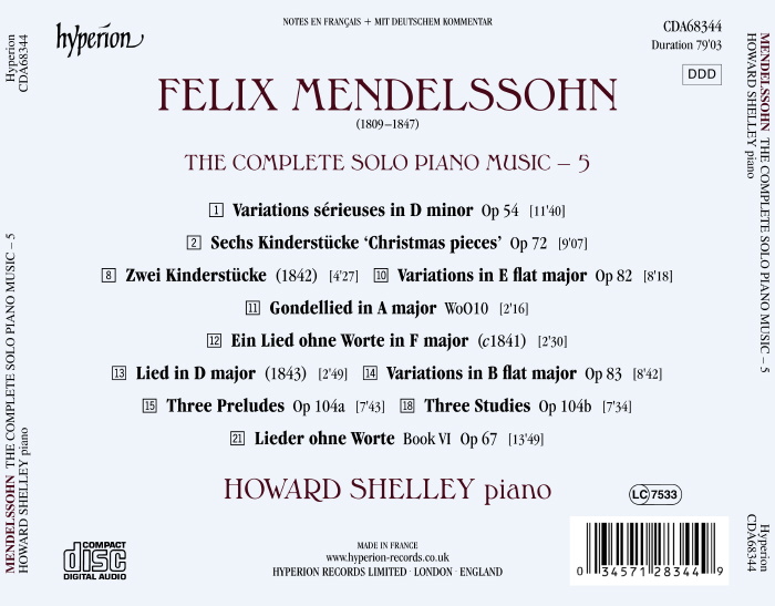 Howard Shelley 멘델스존: 피아노 독주 5집 (Mendelssohn: The Complete Solo Piano Music, Vol. 5) 