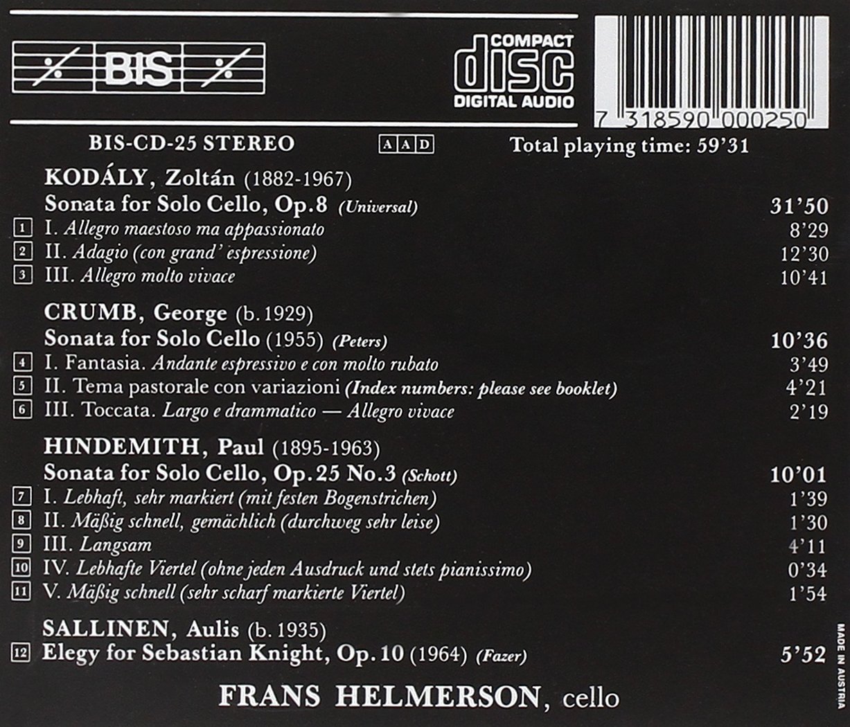 Frans Helmerson 코다이 / 크룸브 / 힌데미트 / 살리넨 - 첼로 독주집 (The Solitary Cello - Koday / Crumb / Hindemith / Sallinen) 