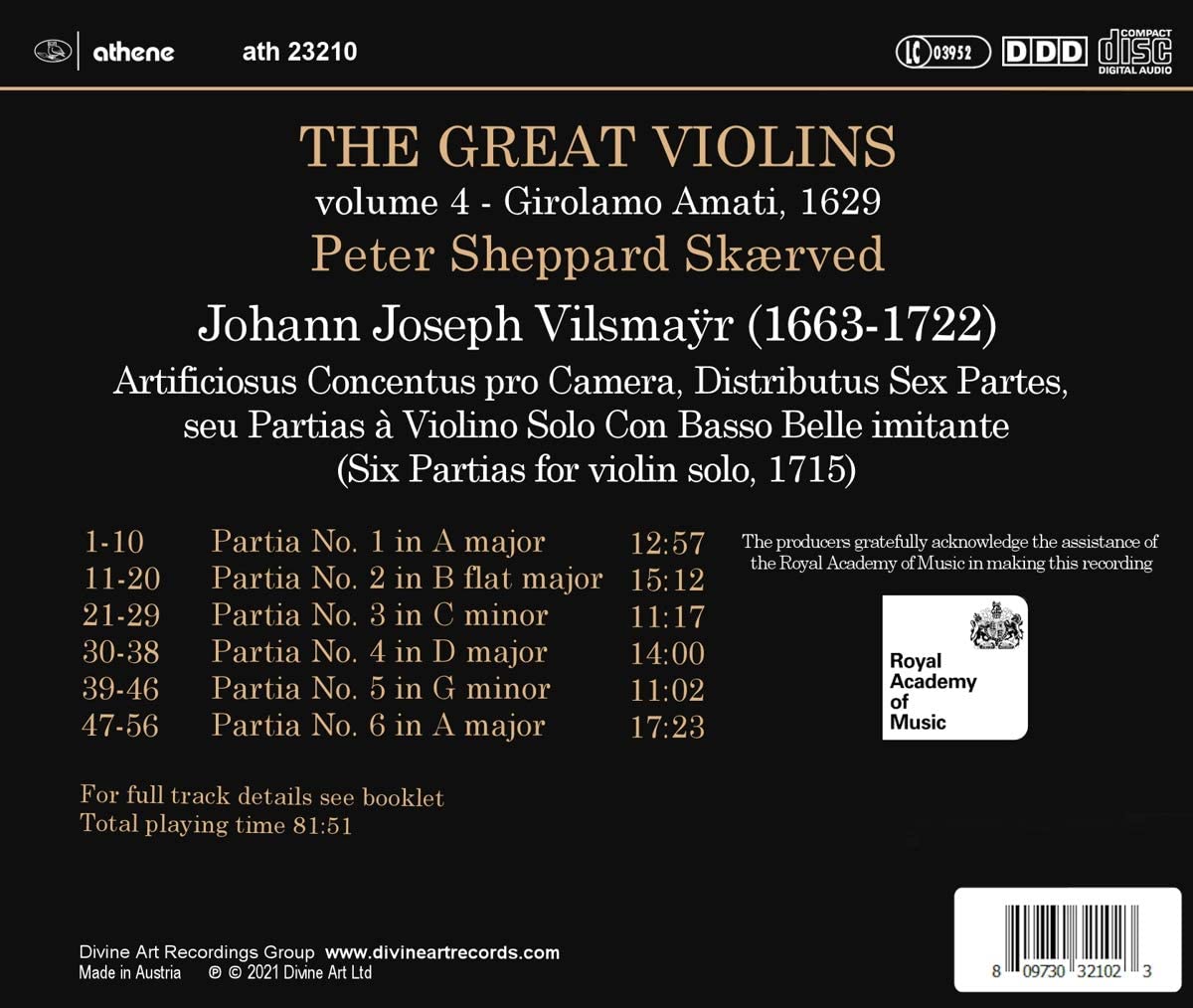 Peter Sheppard Skaerved 요한 요셉 빌스마이어: 여섯 개의 파르티타 (Johann Joseph Vilsmayr: Six Partitas for Violin Solo) 